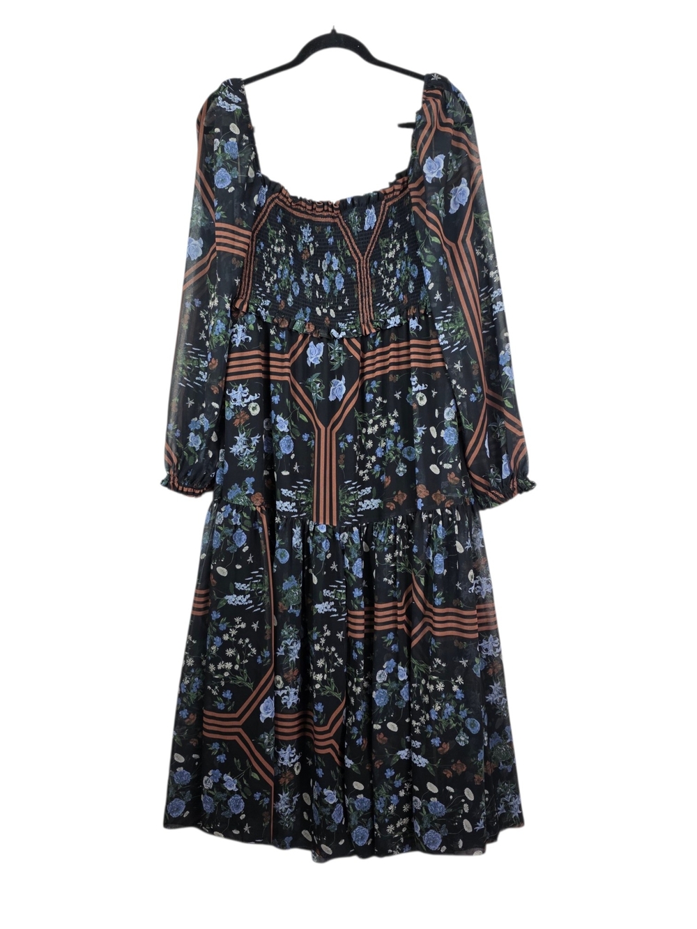 Wilfred Smocking upper Maxi Dress Blue Floral Print and Brown Stripe Accents - Picture 3 of 9